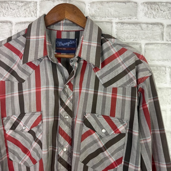 Wrangler Western Vintage 90s X-LONG Tails Gray Striped Pearl Snap Shirt Mens 17 - Picture 2 of 7